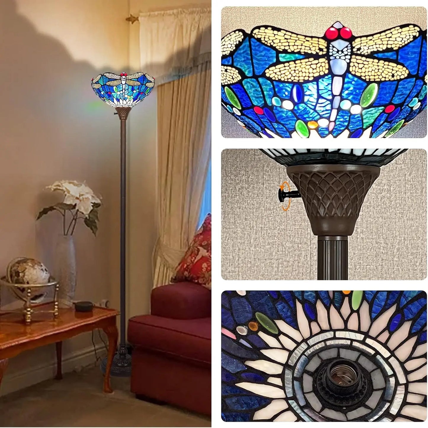 Floor Lamp Industrial Dark Bronze Pole Sea Blue Dragonfly