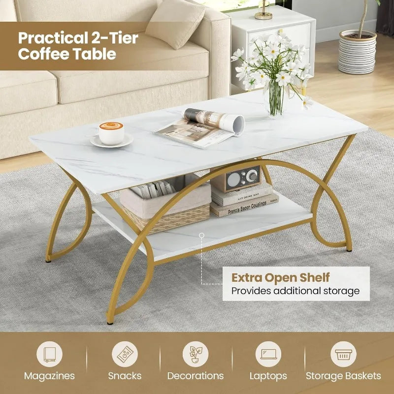 2-Tier Modern Faux Marble Accent Table with Storage