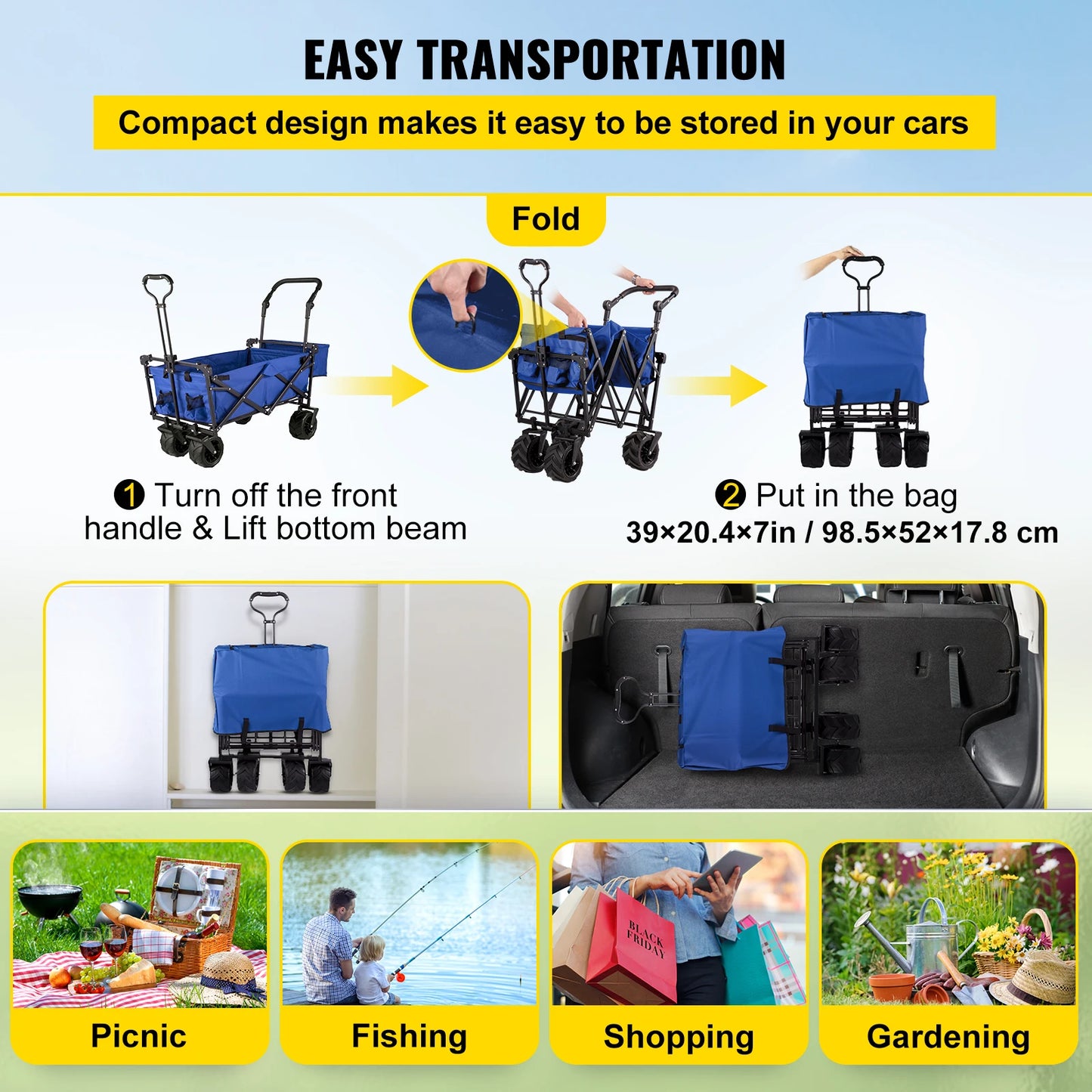 Folding Wagon Cart W/ Adjustable Handlebar