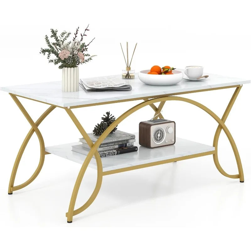 2-Tier Modern Faux Marble Accent Table with Storage
