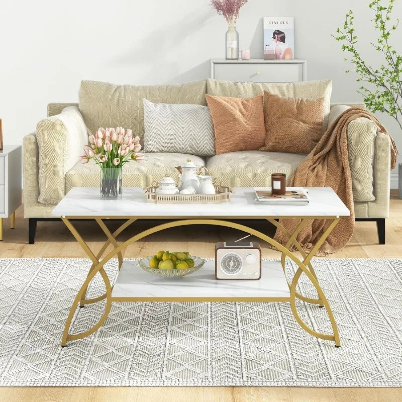 2-Tier Modern Faux Marble Accent Table with Storage