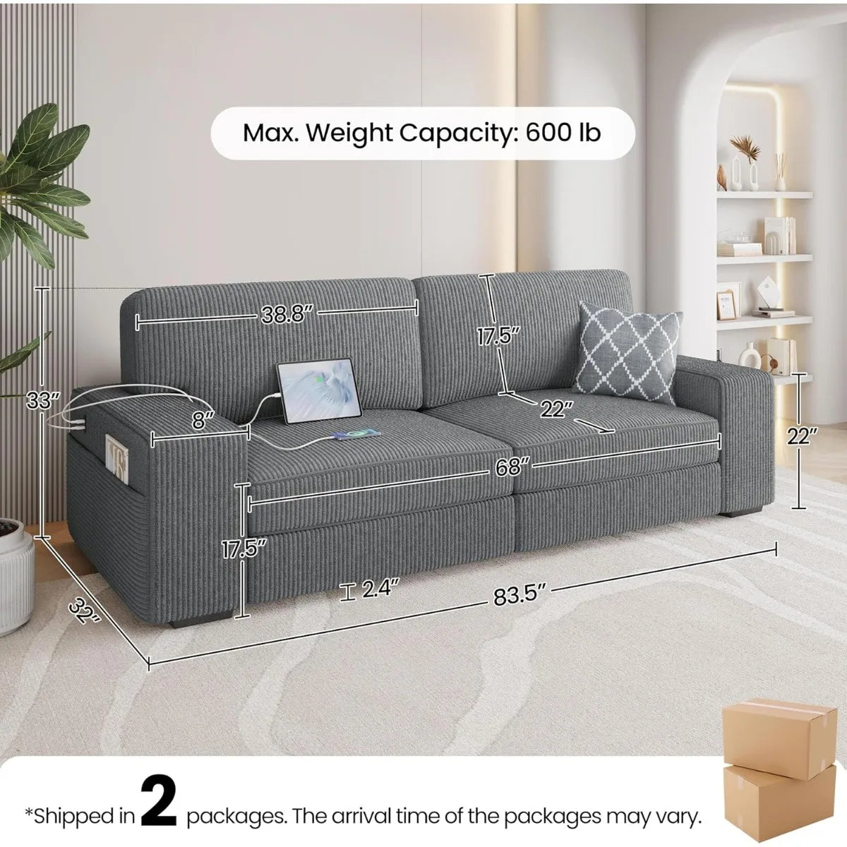 Modern Sofa Couch 2-Seater Corduroy Fabric