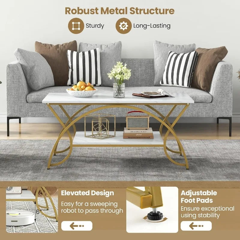 2-Tier Modern Faux Marble Accent Table with Storage