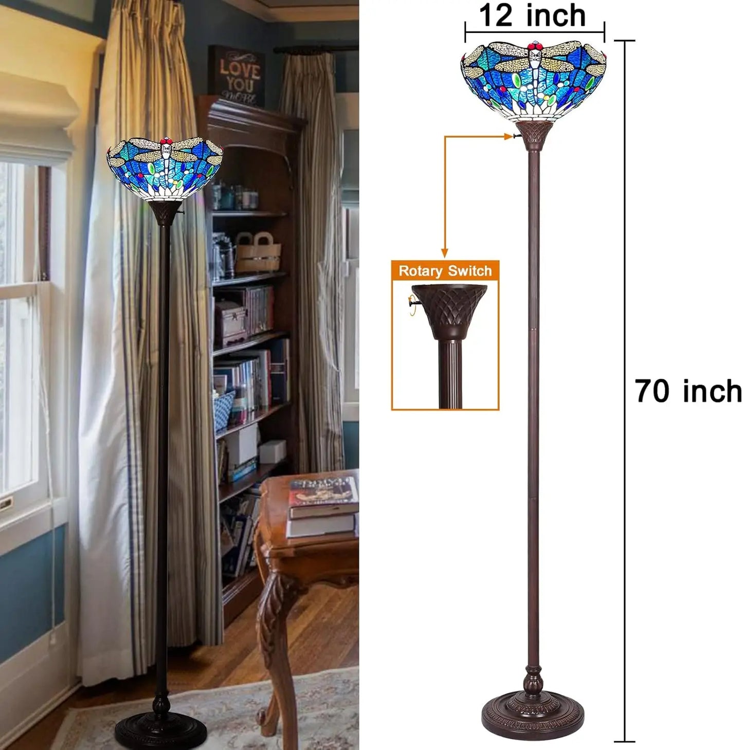 Floor Lamp Industrial Dark Bronze Pole Sea Blue Dragonfly