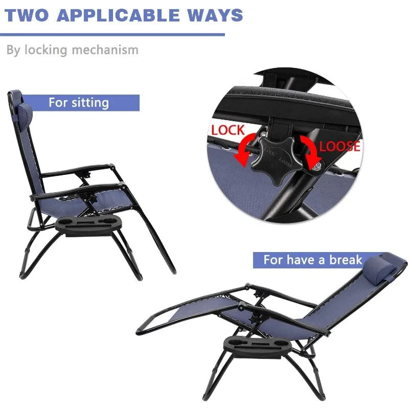 Folding Reclining Lounge Chair with Cup Holder Pillows Set of 2 (Blue)