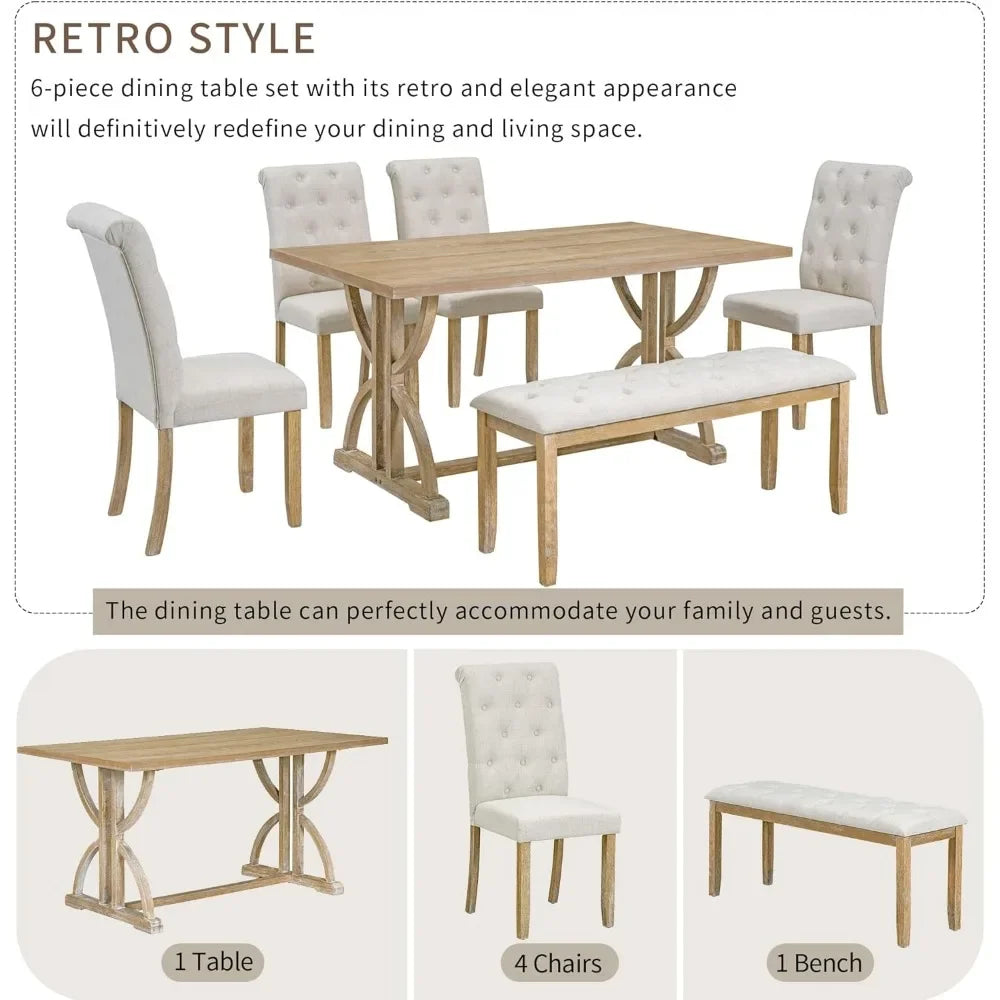 6 Piece Wooden Table Set with Bench