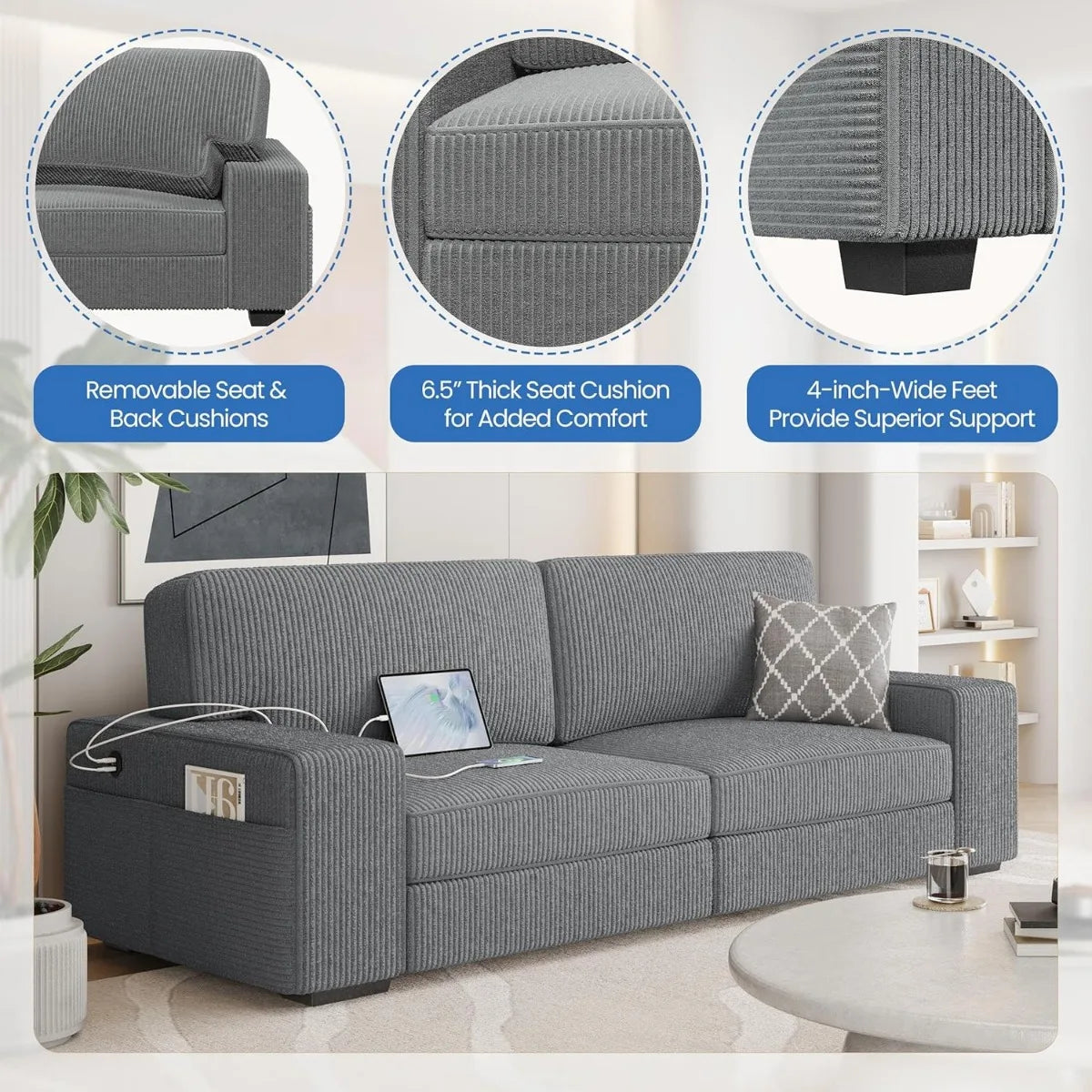 Modern Sofa Couch 2-Seater Corduroy Fabric