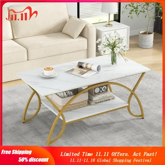 2-Tier Modern Faux Marble Accent Table with Storage