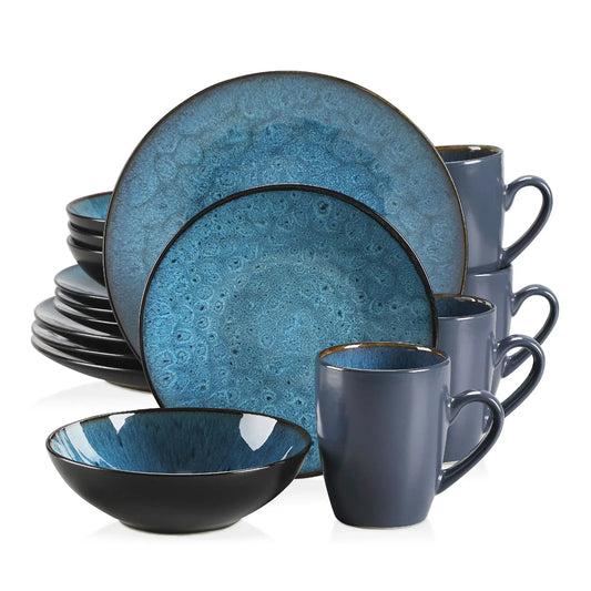 16/32/48-Piece Tableware Set Vintage Ceramic Blue/Brown Stoneware Set