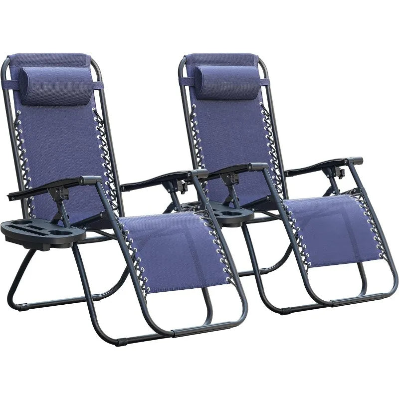 Folding Reclining Lounge Chair with Cup Holder Pillows Set of 2 (Blue)