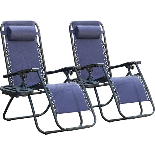 Folding Reclining Lounge Chair with Cup Holder Pillows Set of 2 (Blue)