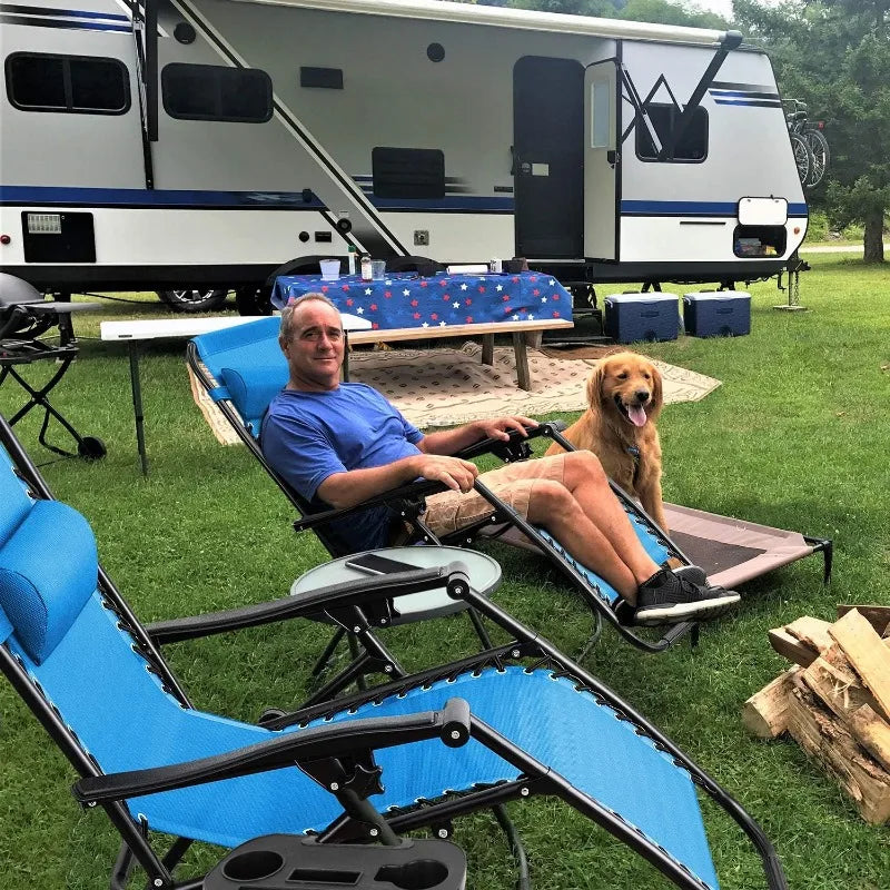 Folding Reclining Lounge Chair with Cup Holder Pillows Set of 2 (Blue)